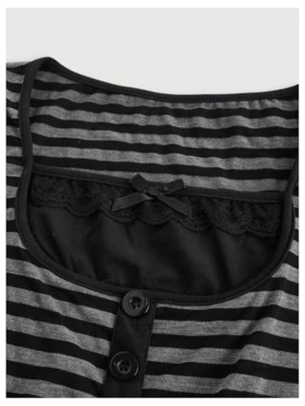 Lace Trim Striped Square Neck Short Sleeve Tee Fitted Y2K Top - Picture 3 of 4